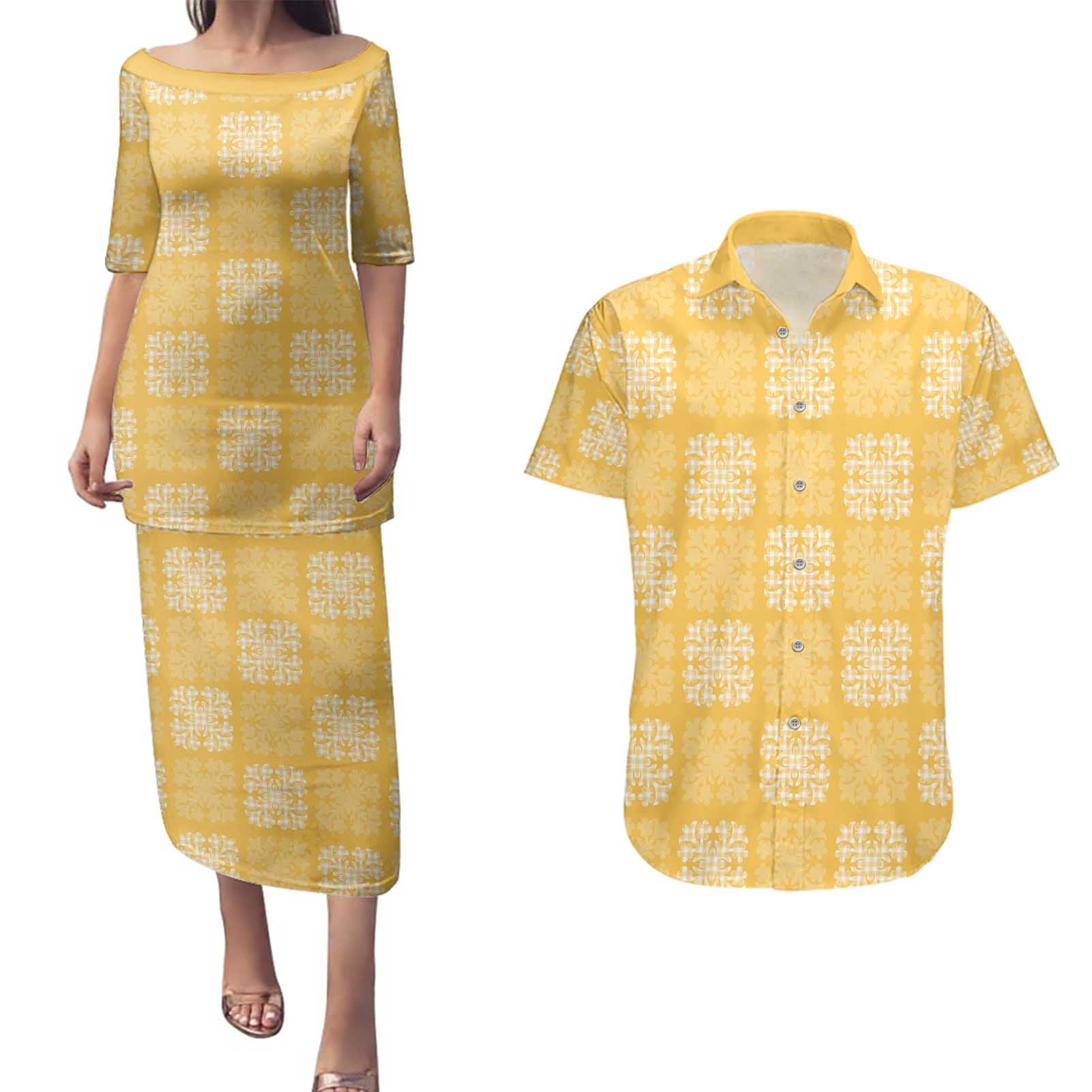 Yellow Palaka Quilt Hawaii Couples Matching Puletasi and Hawaiian Shirt Traditional Hawaii-plaid Pattern - Polynesian Pride