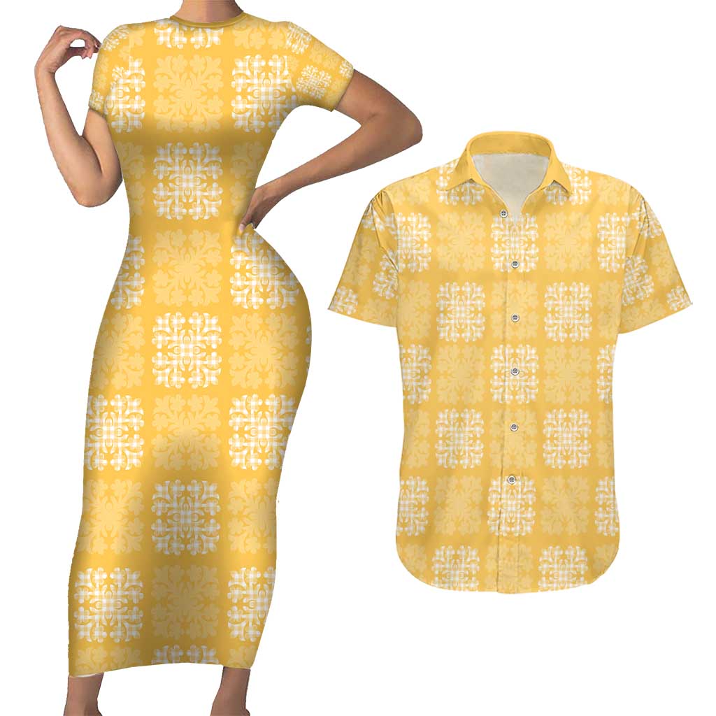Yellow Palaka Quilt Hawaii Couples Matching Short Sleeve Bodycon Dress and Hawaiian Shirt Traditional Hawaii-plaid Pattern - Polynesian Pride