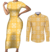 Yellow Palaka Quilt Hawaii Couples Matching Short Sleeve Bodycon Dress and Long Sleeve Button Shirt Traditional Hawaii-plaid Pattern - Polynesian Pride