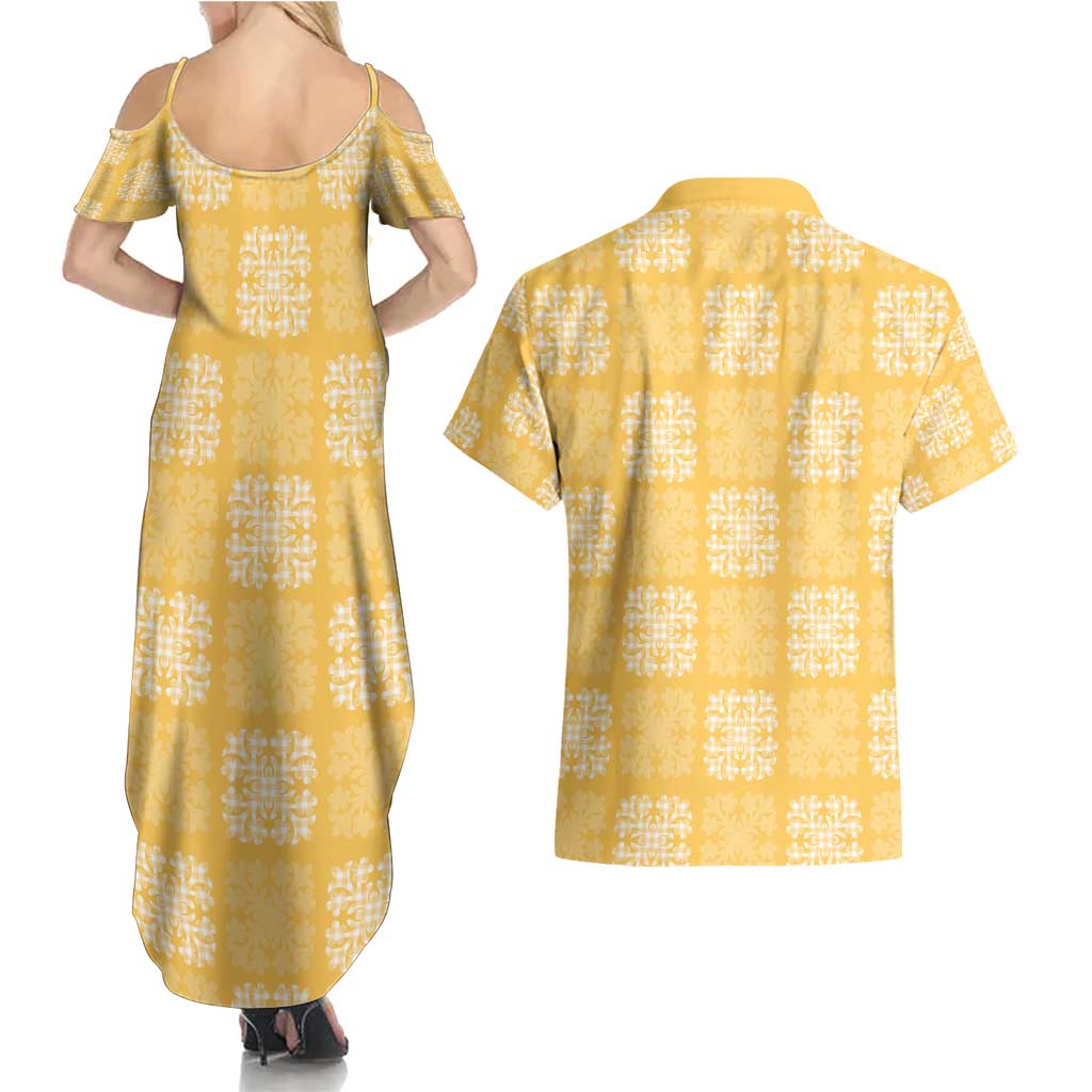 Yellow Palaka Quilt Hawaii Couples Matching Summer Maxi Dress and Hawaiian Shirt Traditional Hawaii-plaid Pattern - Polynesian Pride