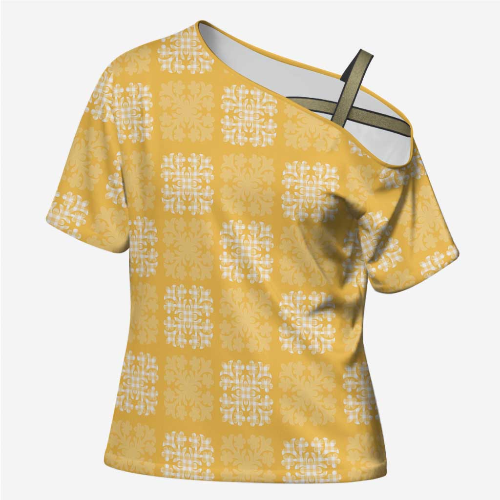 Yellow Palaka Quilt Hawaii Cross Shoulder Shirt Traditional Hawaii-plaid Pattern - Polynesian Pride