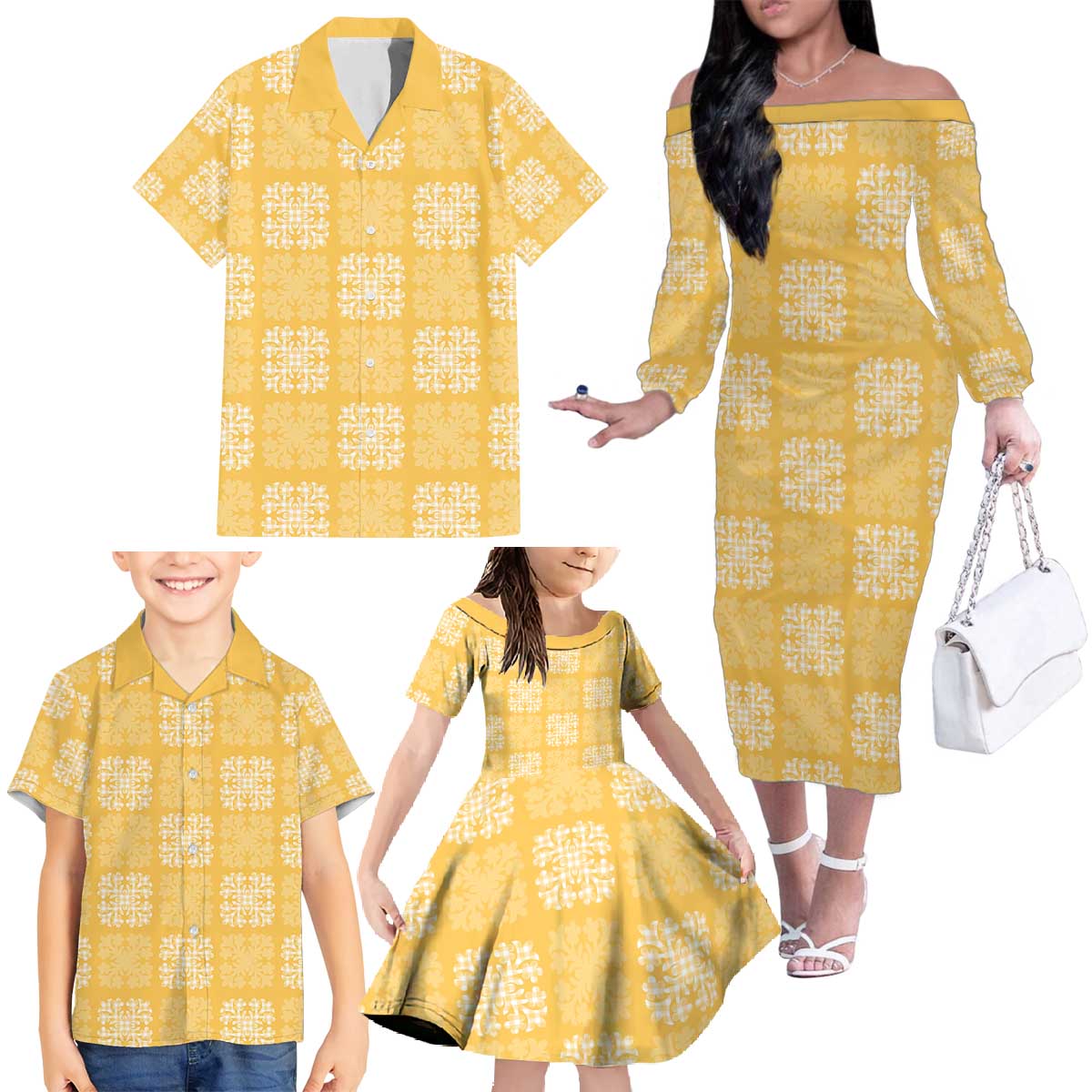 Yellow Palaka Quilt Hawaii Family Matching Off The Shoulder Long Sleeve Dress and Hawaiian Shirt Traditional Hawaii-plaid Pattern - Polynesian Pride
