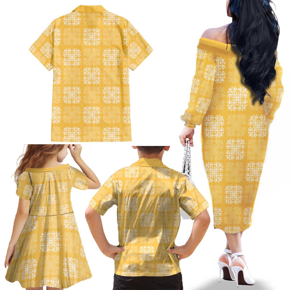Yellow Palaka Quilt Hawaii Family Matching Off The Shoulder Long Sleeve Dress and Hawaiian Shirt Traditional Hawaii-plaid Pattern - Polynesian Pride