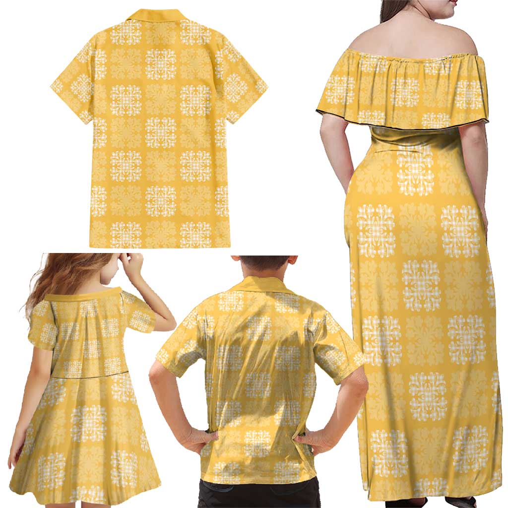 Yellow Palaka Quilt Hawaii Family Matching Off Shoulder Maxi Dress and Hawaiian Shirt Traditional Hawaii-plaid Pattern - Polynesian Pride