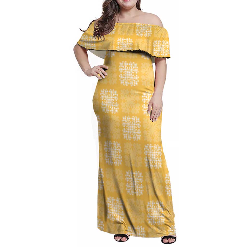 Yellow Palaka Quilt Hawaii Family Matching Off Shoulder Maxi Dress and Hawaiian Shirt Traditional Hawaii-plaid Pattern - Polynesian Pride