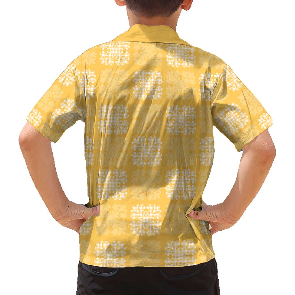 Yellow Palaka Quilt Hawaii Family Matching Off Shoulder Short Dress and Hawaiian Shirt Traditional Hawaii-plaid Pattern - Polynesian Pride