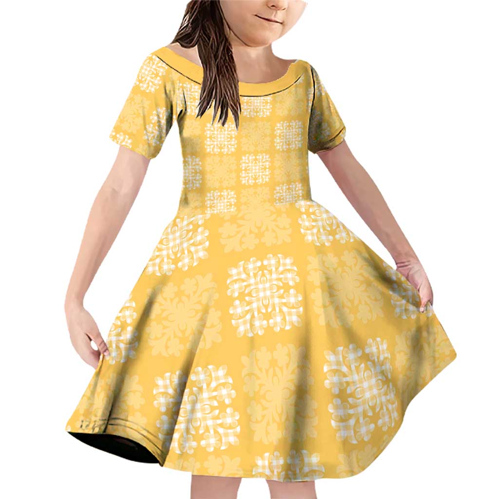 Yellow Palaka Quilt Hawaii Family Matching Off Shoulder Short Dress and Hawaiian Shirt Traditional Hawaii-plaid Pattern - Polynesian Pride