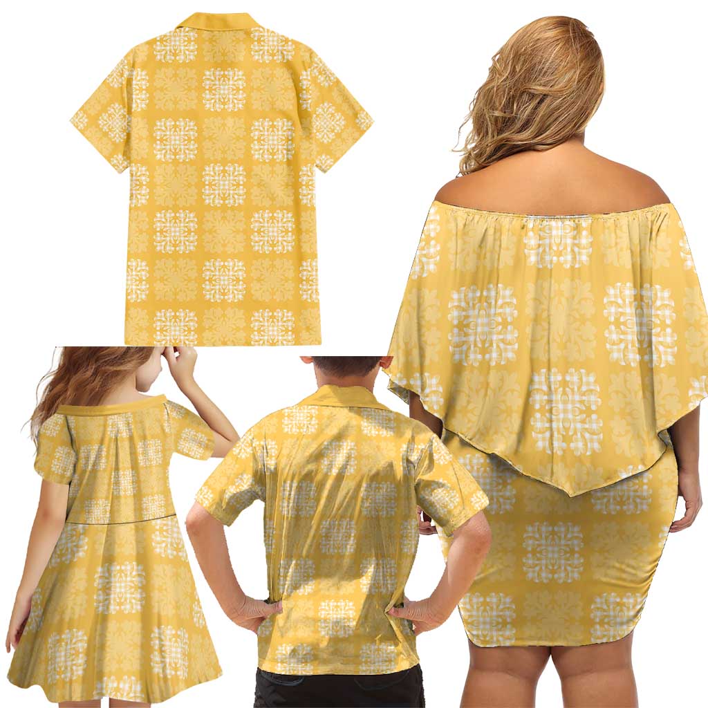 Yellow Palaka Quilt Hawaii Family Matching Off Shoulder Short Dress and Hawaiian Shirt Traditional Hawaii-plaid Pattern - Polynesian Pride