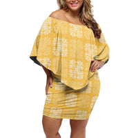 Yellow Palaka Quilt Hawaii Family Matching Off Shoulder Short Dress and Hawaiian Shirt Traditional Hawaii-plaid Pattern - Polynesian Pride