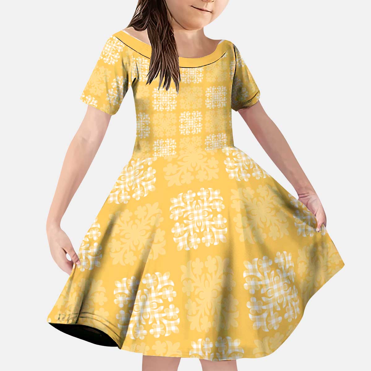 Yellow Palaka Quilt Hawaii Kid Short Sleeve Dress Traditional Hawaii-plaid Pattern - Polynesian Pride