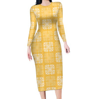 Yellow Palaka Quilt Hawaii Long Sleeve Bodycon Dress Traditional Hawaii-plaid Pattern - Polynesian Pride