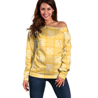 Yellow Palaka Quilt Hawaii Off Shoulder Sweater Traditional Hawaii-plaid Pattern - Polynesian Pride