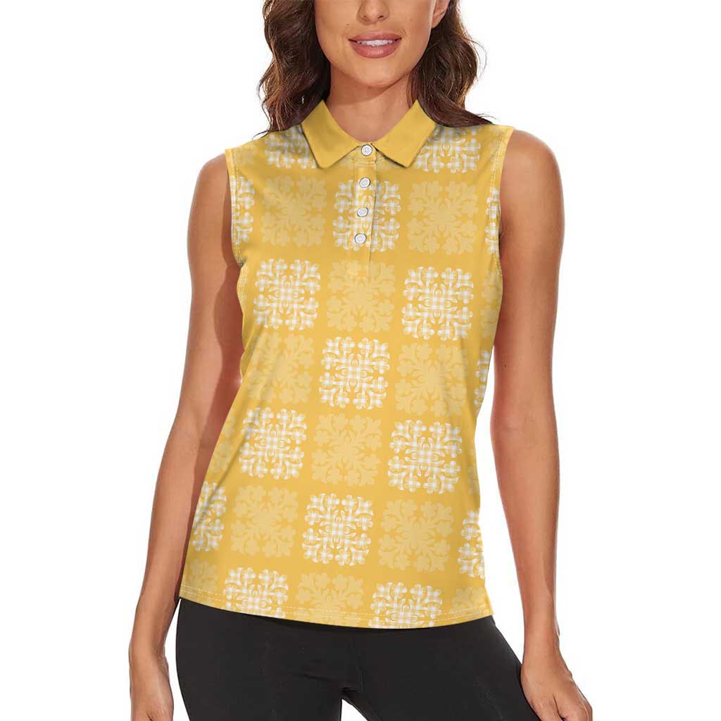 Yellow Palaka Quilt Hawaii Women Sleeveless Polo Shirt Traditional Hawaii-plaid Pattern LT14 - Polynesian Pride