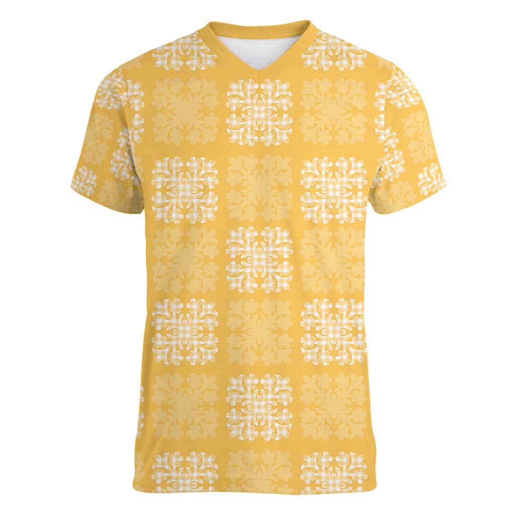 Yellow Palaka Quilt Hawaii Women V-Neck T-Shirt Traditional Hawaii-plaid Pattern - Polynesian Pride