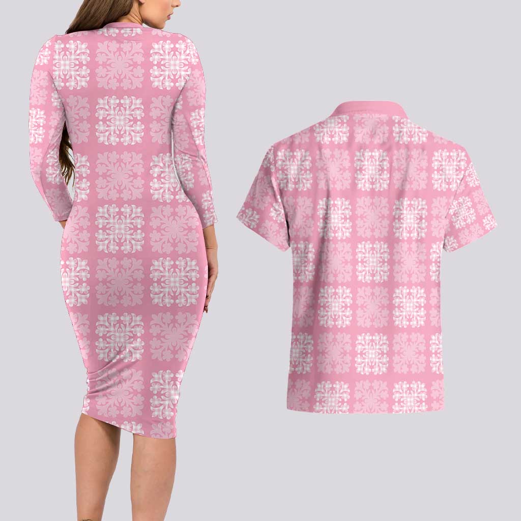 Pink Palaka Quilt Hawaii Couples Matching Long Sleeve Bodycon Dress and Hawaiian Shirt Traditional Hawaii-plaid Pattern - Polynesian Pride