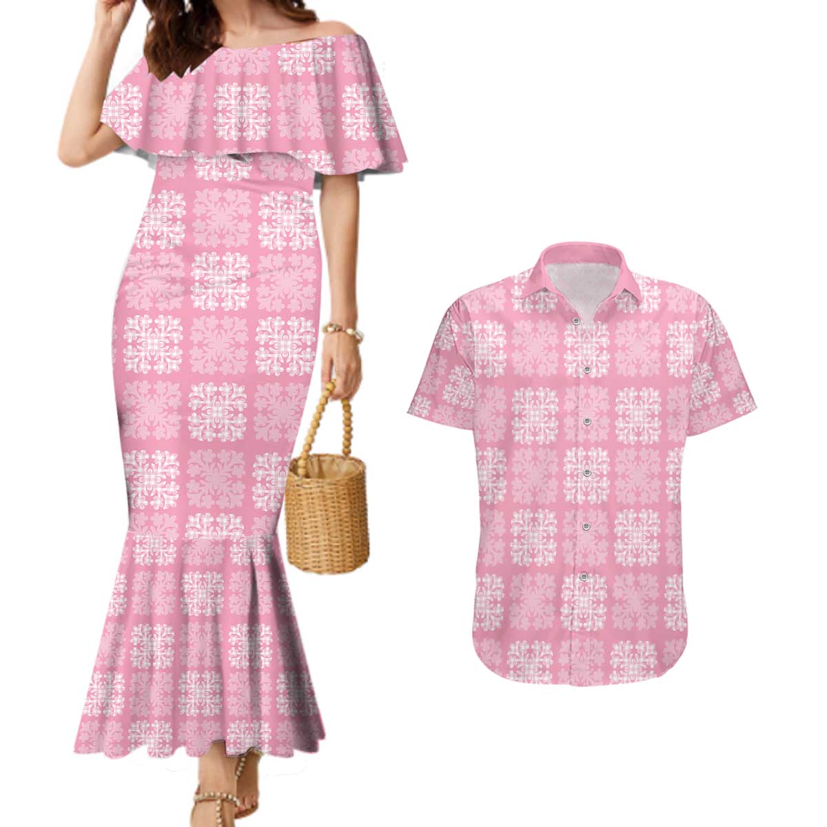 Pink Palaka Quilt Hawaii Couples Matching Mermaid Dress and Hawaiian Shirt Traditional Hawaii-plaid Pattern - Polynesian Pride
