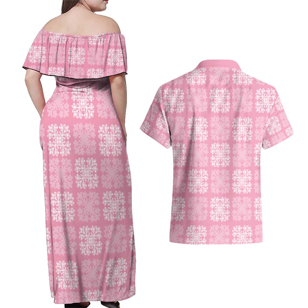 Pink Palaka Quilt Hawaii Couples Matching Off Shoulder Maxi Dress and Hawaiian Shirt Traditional Hawaii-plaid Pattern - Polynesian Pride