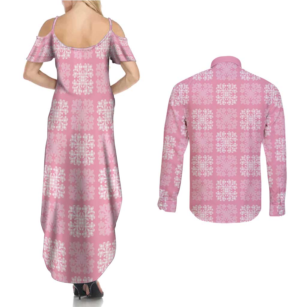 Pink Palaka Quilt Hawaii Couples Matching Summer Maxi Dress and Long Sleeve Button Shirt Traditional Hawaii-plaid Pattern - Polynesian Pride