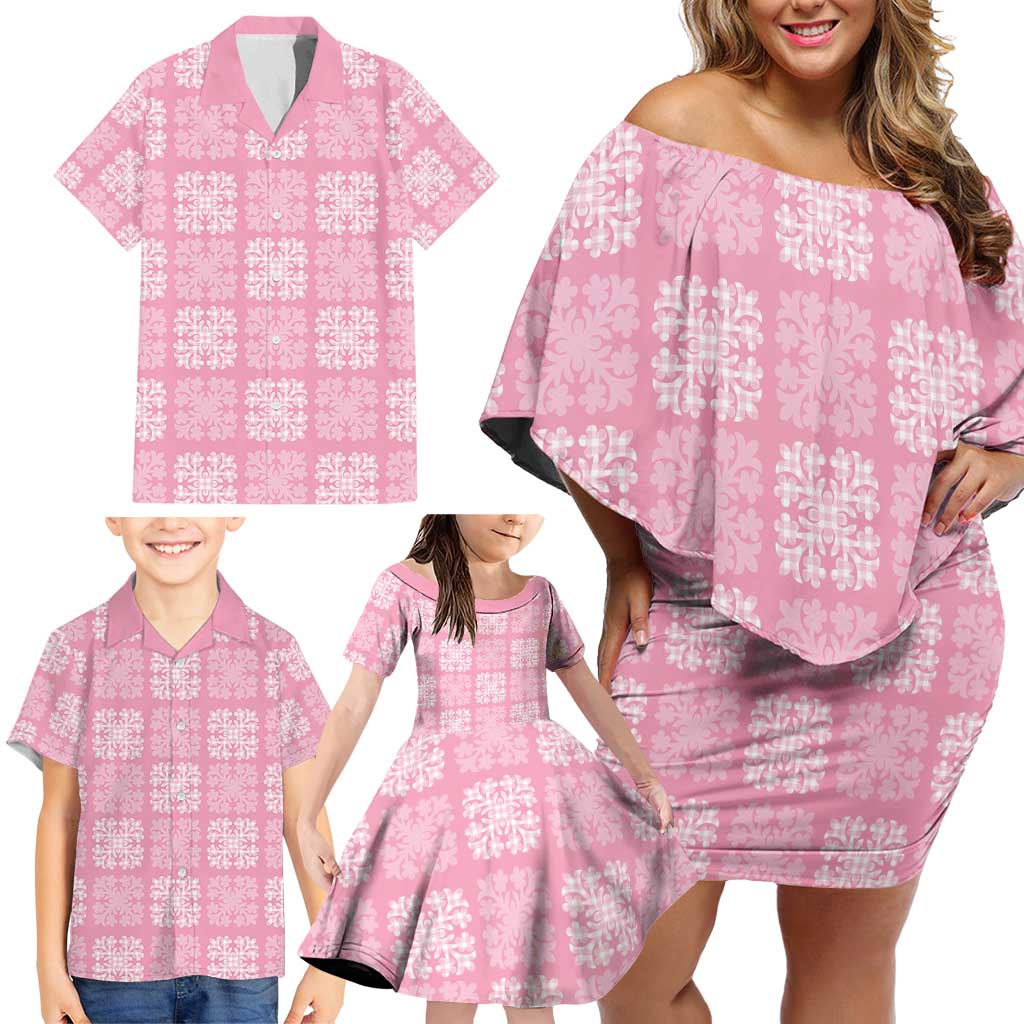 Pink Palaka Quilt Hawaii Family Matching Off Shoulder Short Dress and Hawaiian Shirt Traditional Hawaii-plaid Pattern - Polynesian Pride