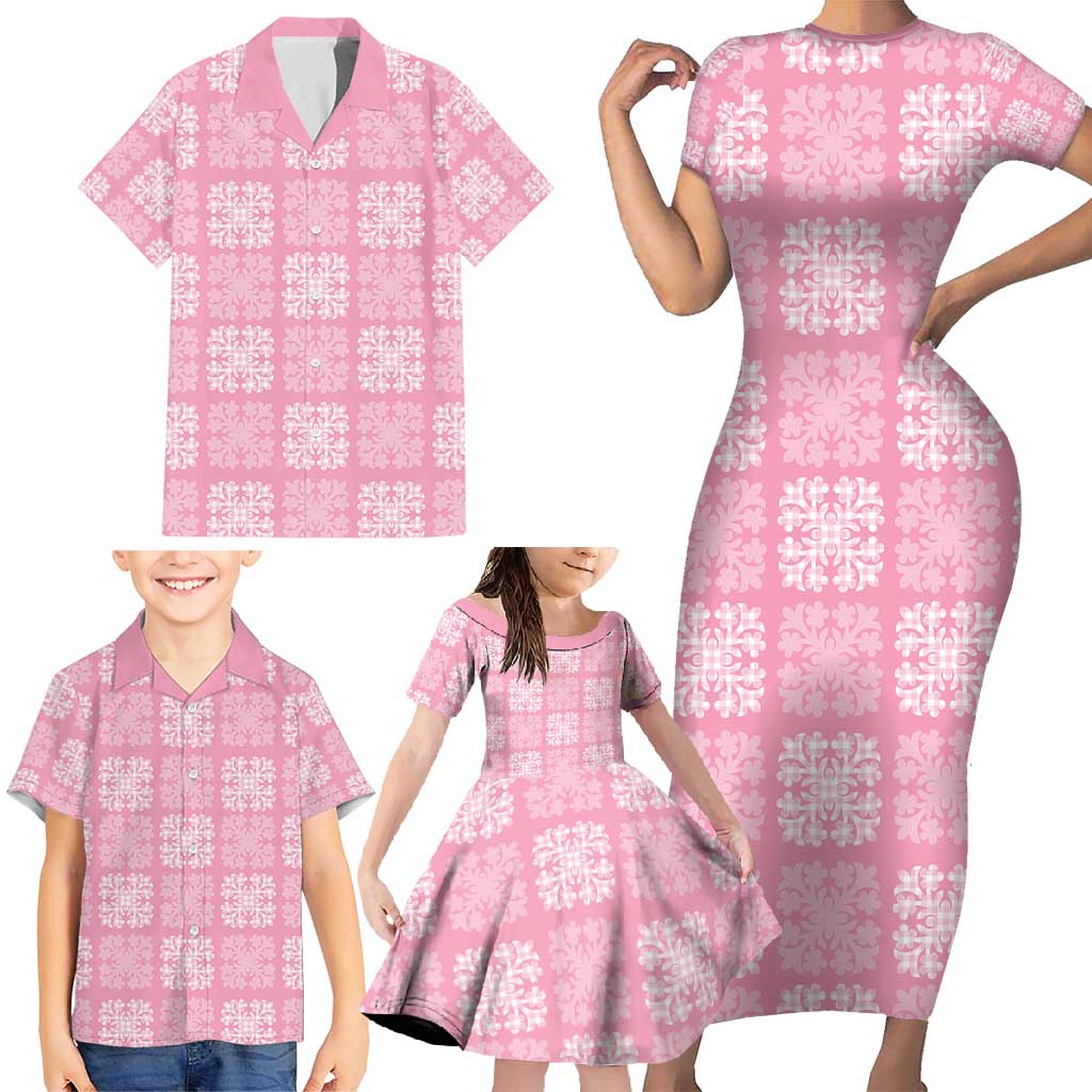 Pink Palaka Quilt Hawaii Family Matching Short Sleeve Bodycon Dress and Hawaiian Shirt Traditional Hawaii-plaid Pattern - Polynesian Pride