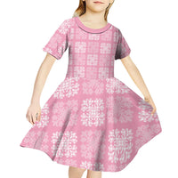 Pink Palaka Quilt Hawaii Kid Short Sleeve Dress Traditional Hawaii-plaid Pattern - Polynesian Pride