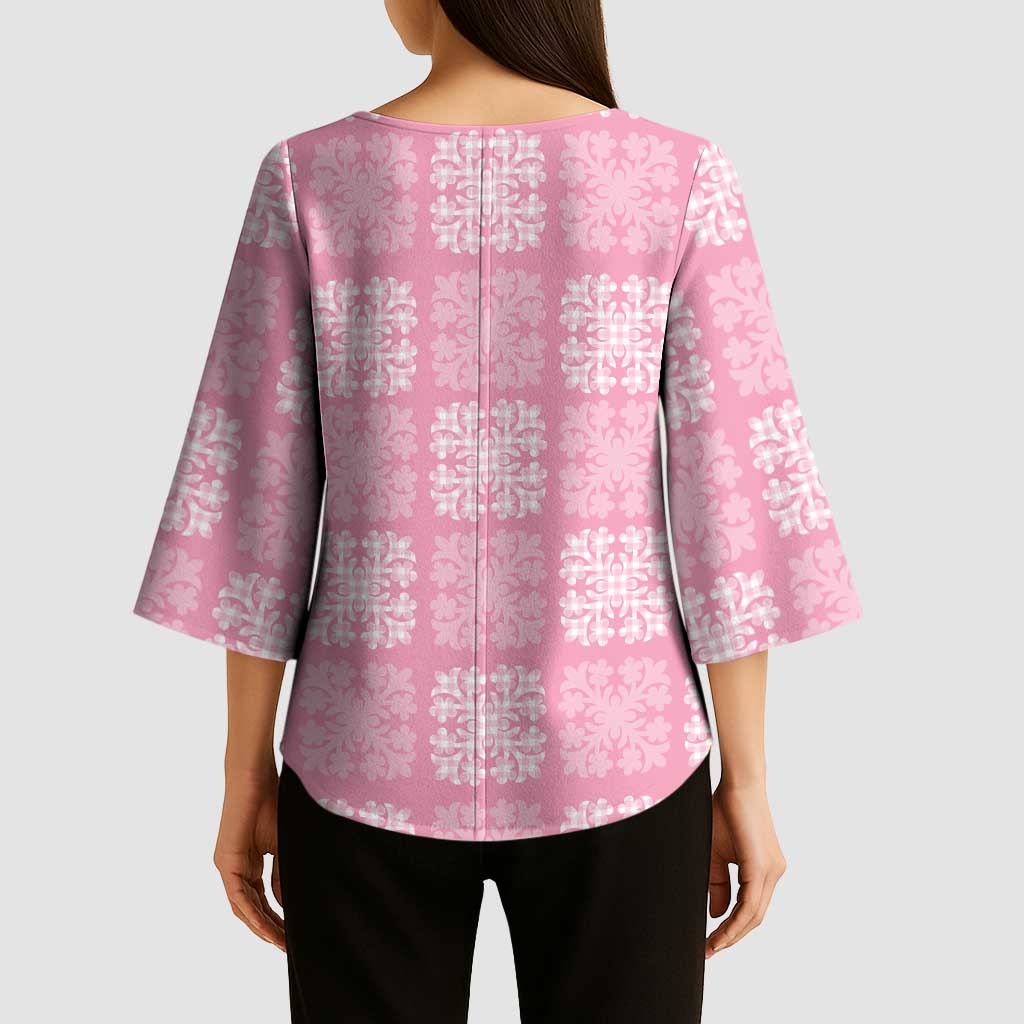 Pink Palaka Quilt Hawaii Kimono Sleeve Blouse Traditional Hawaii-plaid Pattern - Polynesian Pride