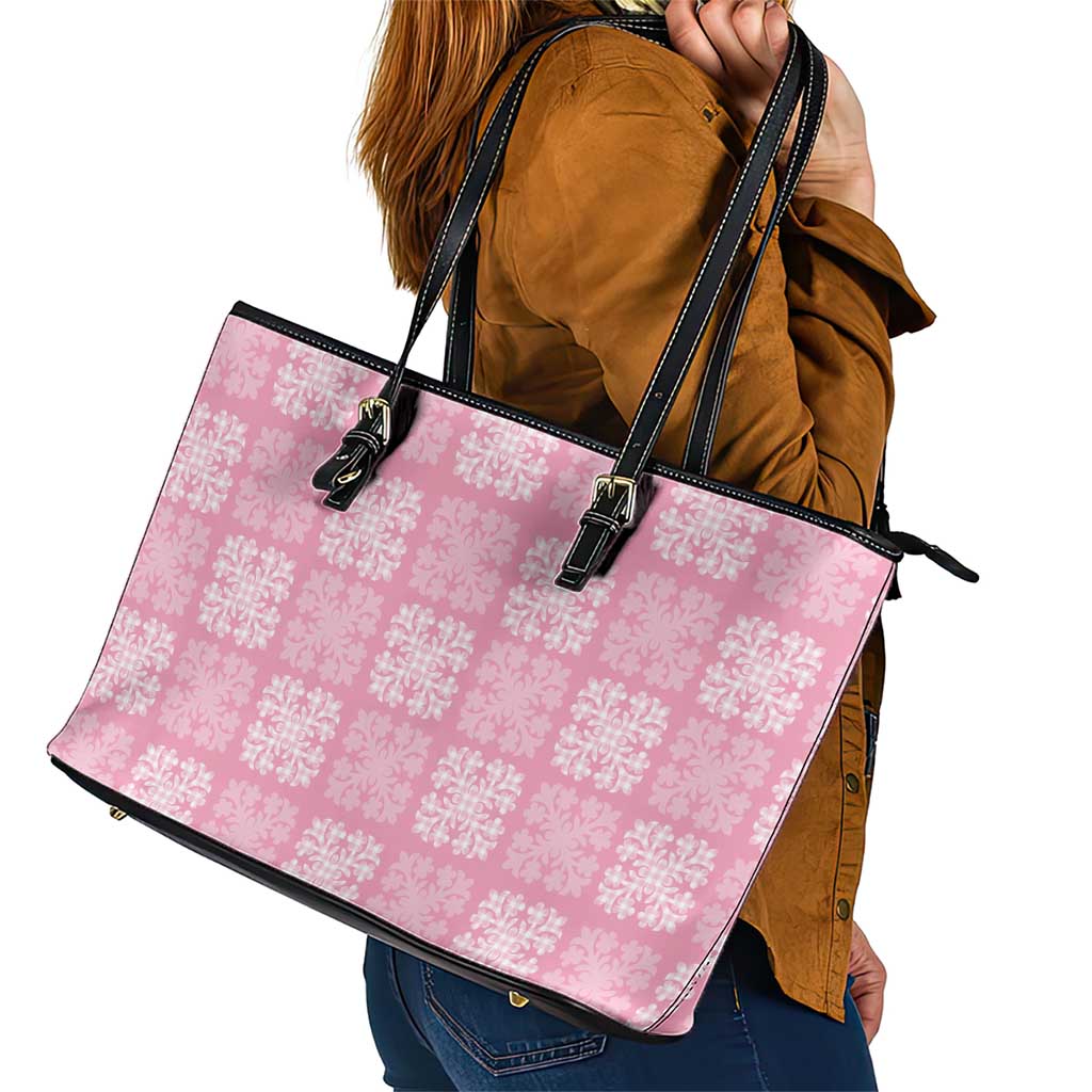 Pink Palaka Quilt Hawaii Leather Tote Bag Traditional Hawaii-plaid Pattern - Polynesian Pride