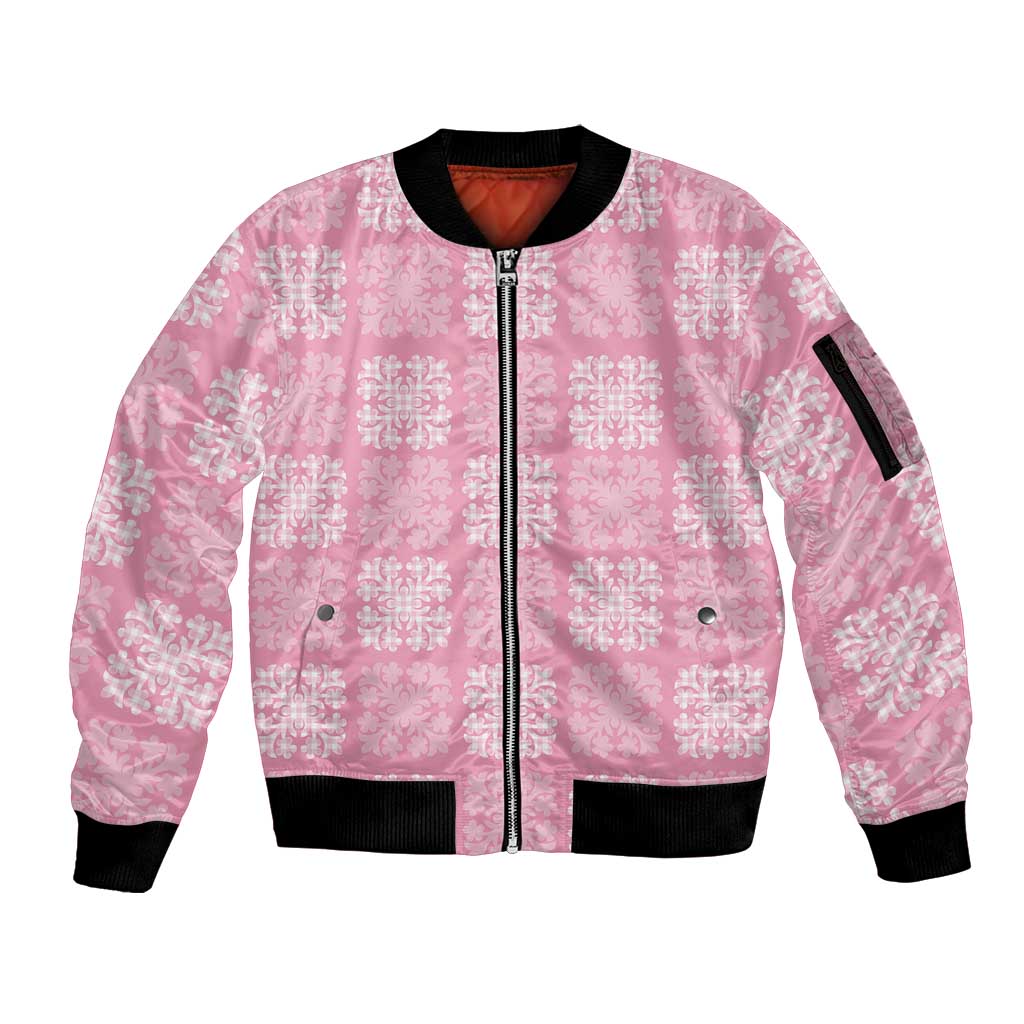 Pink Palaka Quilt Hawaii Sleeve Zip Bomber Jacket Traditional Hawaii-plaid Pattern - Polynesian Pride