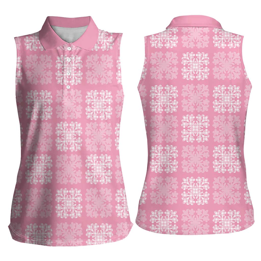 Pink Palaka Quilt Hawaii Women Sleeveless Polo Shirt Traditional Hawaii-plaid Pattern - Polynesian Pride