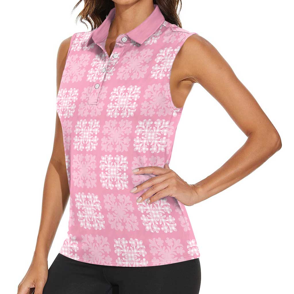Pink Palaka Quilt Hawaii Women Sleeveless Polo Shirt Traditional Hawaii-plaid Pattern - Polynesian Pride