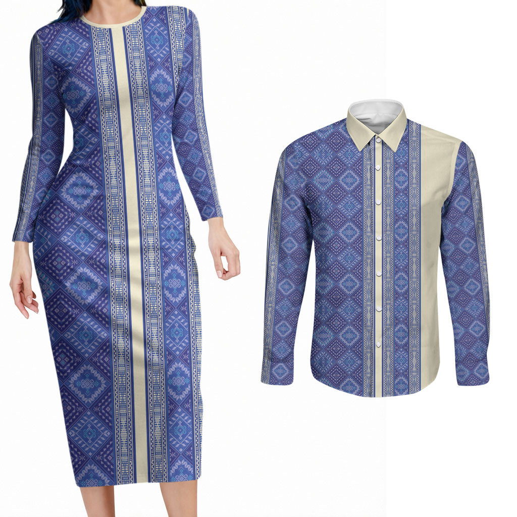 Mabuhay Philippines Festival Couples Matching Long Sleeve Bodycon Dress and Long Sleeve Button Shirt Yakan Modern Filipiniana Inspired LT14 Blue - Polynesian Pride