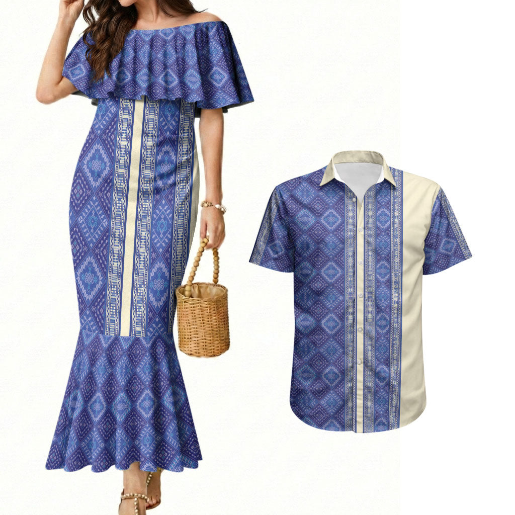 Mabuhay Philippines Festival Couples Matching Mermaid Dress and Hawaiian Shirt Yakan Modern Filipiniana Inspired LT14 Blue - Polynesian Pride