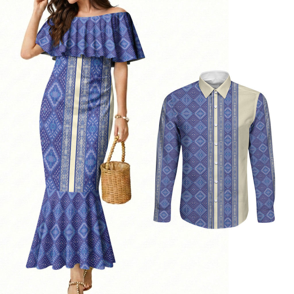 Mabuhay Philippines Festival Couples Matching Mermaid Dress and Long Sleeve Button Shirt Yakan Modern Filipiniana Inspired