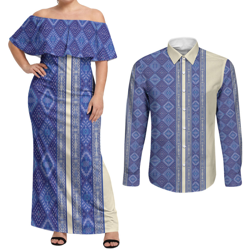 Mabuhay Philippines Festival Couples Matching Off Shoulder Maxi Dress and Long Sleeve Button Shirt Yakan Modern Filipiniana Inspired