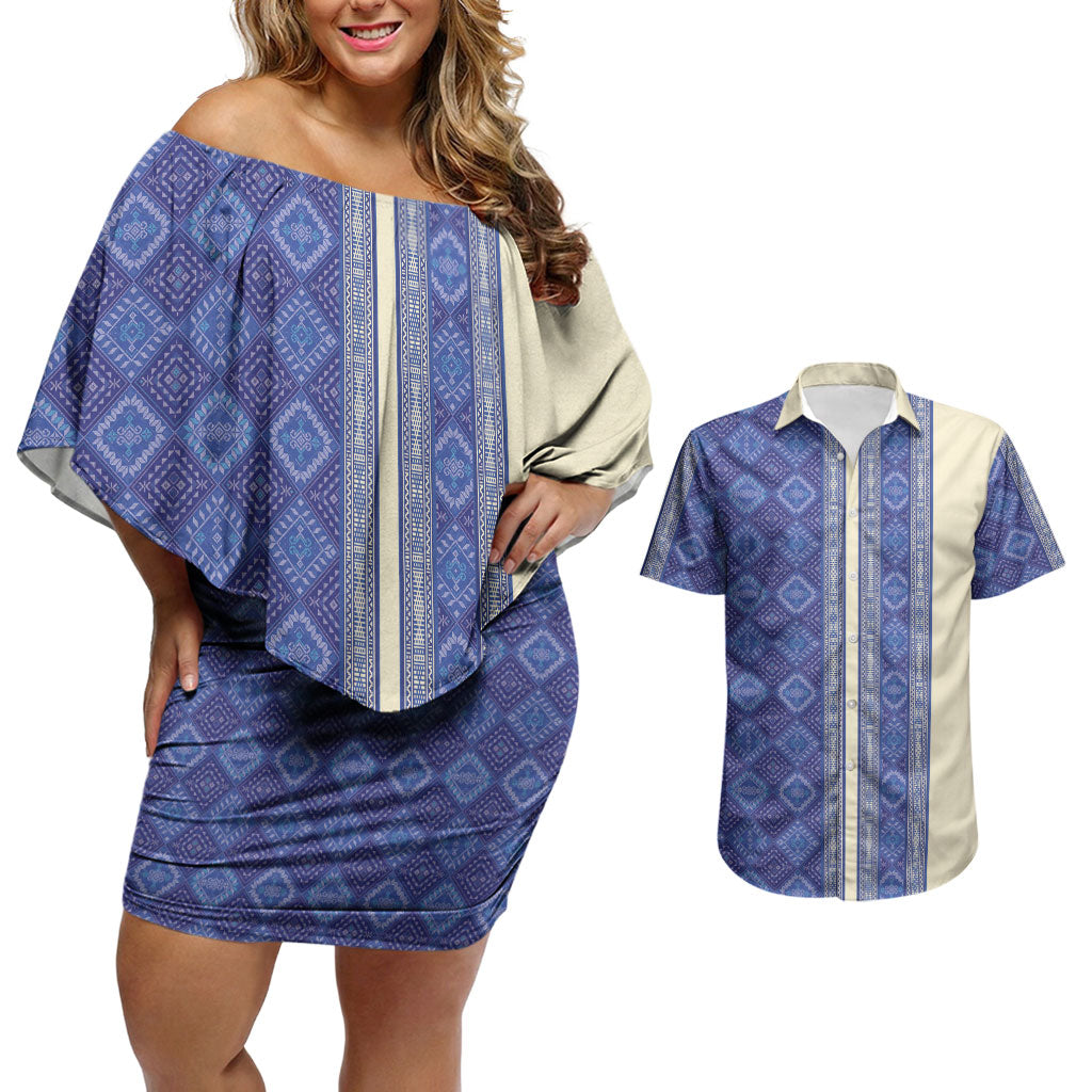 Mabuhay Philippines Festival Couples Matching Off Shoulder Short Dress and Hawaiian Shirt Yakan Modern Filipiniana Inspired LT14 Blue - Polynesian Pride