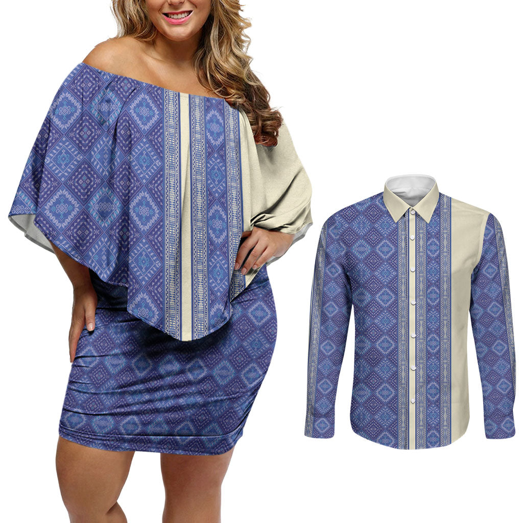 Mabuhay Philippines Festival Couples Matching Off Shoulder Short Dress and Long Sleeve Button Shirt Yakan Modern Filipiniana Inspired