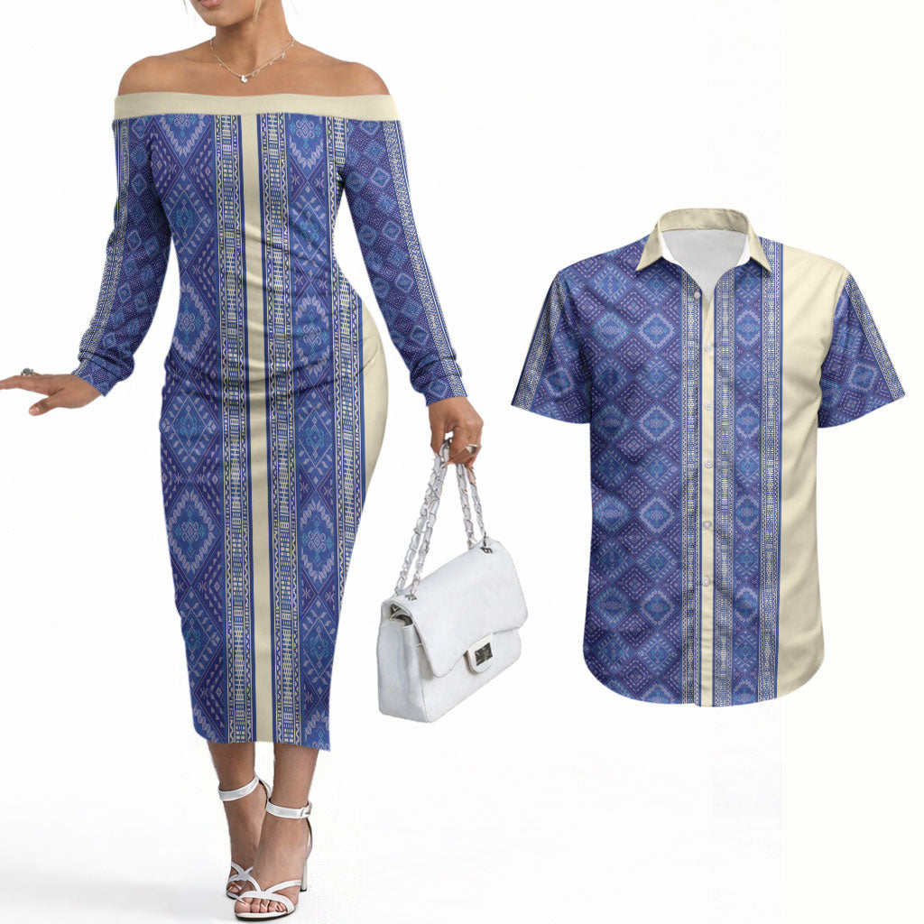 Mabuhay Philippines Festival Couples Matching Off The Shoulder Long Sleeve Dress and Hawaiian Shirt Yakan Modern Filipiniana Inspired