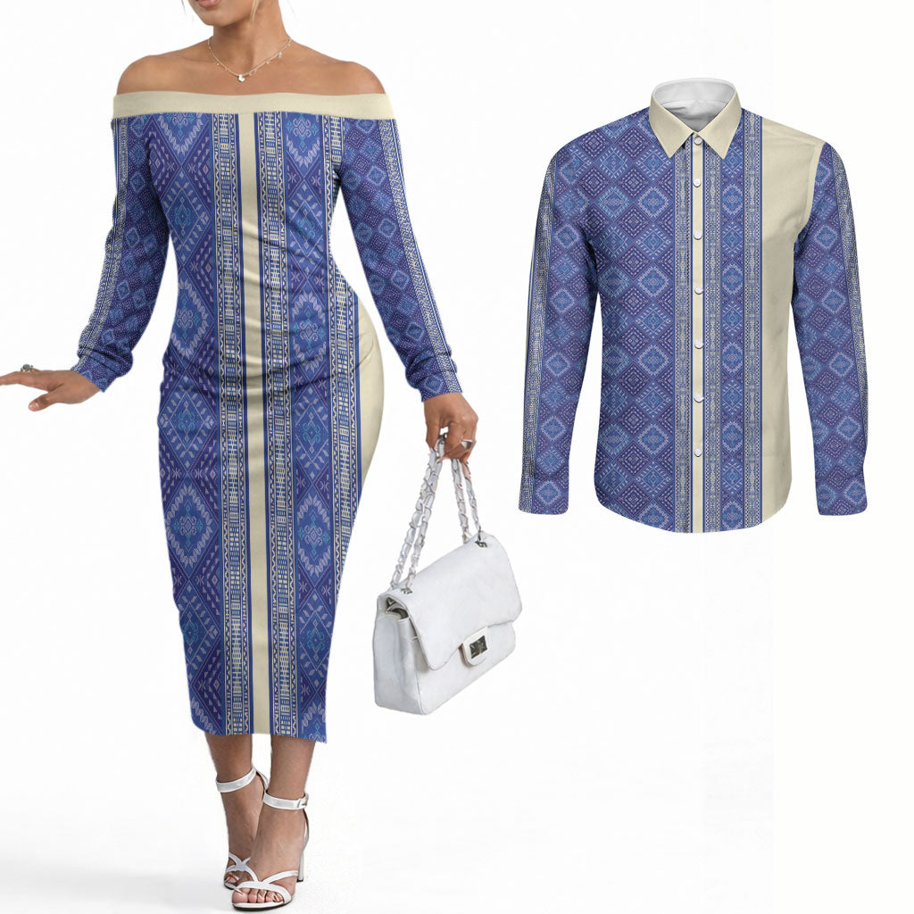 Mabuhay Philippines Festival Couples Matching Off The Shoulder Long Sleeve Dress and Long Sleeve Button Shirt Yakan Modern Filipiniana Inspired LT14 Blue - Polynesian Pride