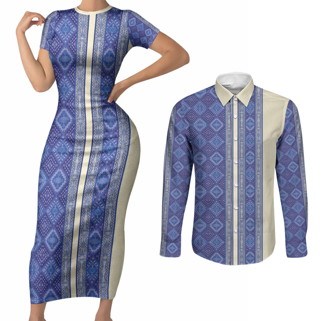 Mabuhay Philippines Festival Couples Matching Short Sleeve Bodycon Dress and Long Sleeve Button Shirt Yakan Modern Filipiniana Inspired