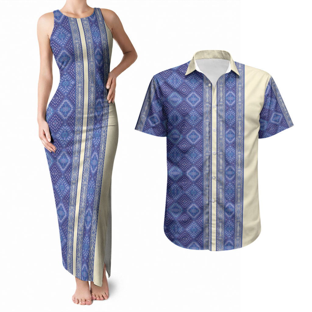 Mabuhay Philippines Festival Couples Matching Tank Maxi Dress and Hawaiian Shirt Yakan Modern Filipiniana Inspired LT14 Blue - Polynesian Pride