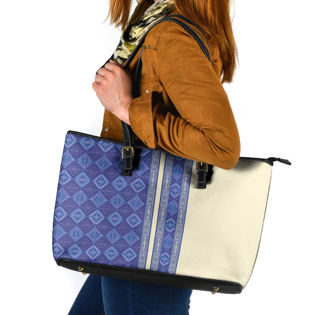 Mabuhay Philippines Festival Leather Tote Bag Yakan Modern Filipiniana Inspired LT14 Blue - Polynesian Pride