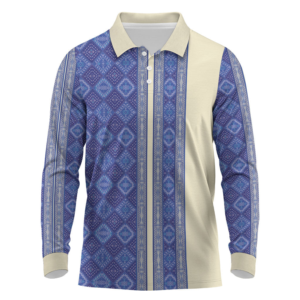 Mabuhay Philippines Festival Long Sleeve Polo Shirt Yakan Modern Filipiniana Inspired LT14 Blue - Polynesian Pride