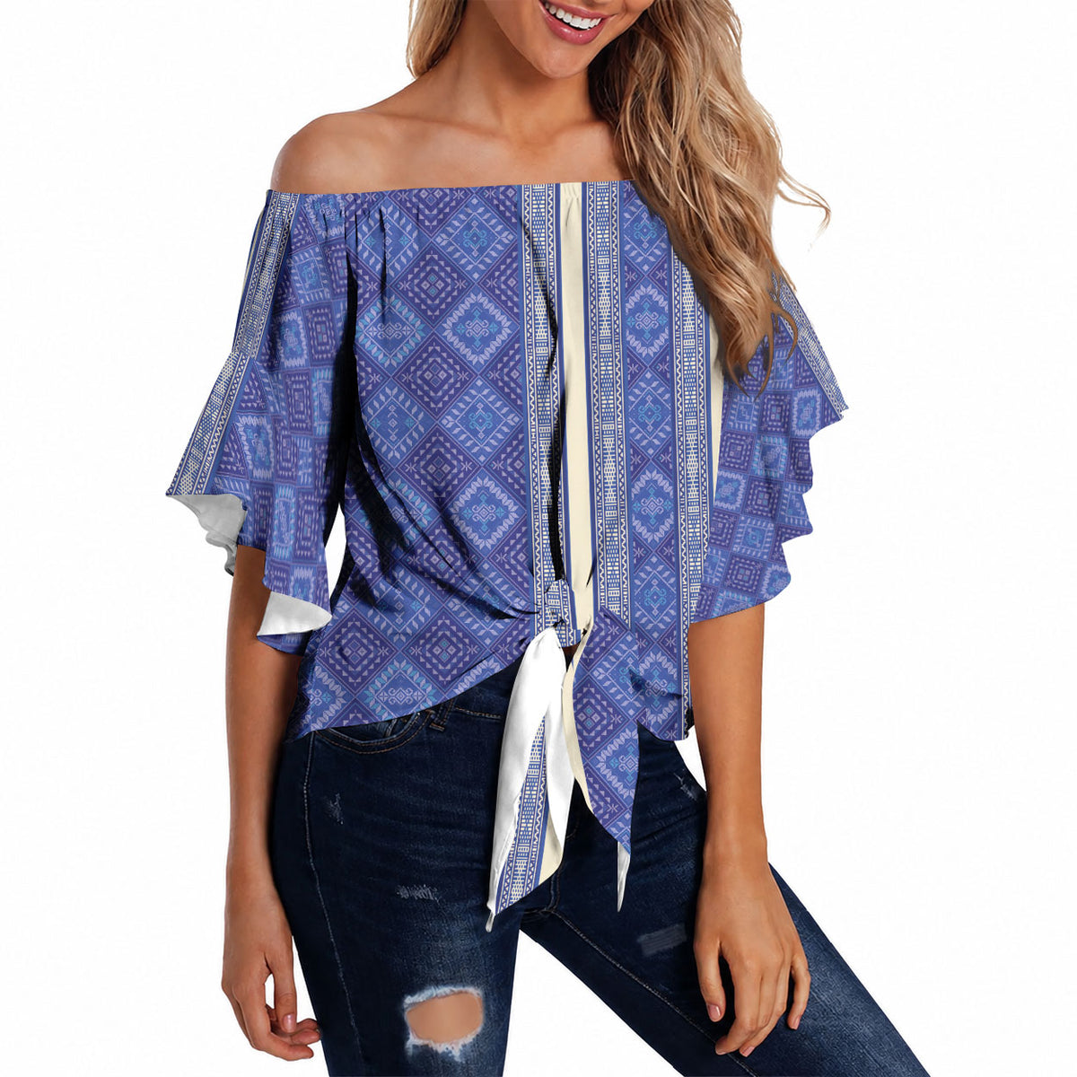 Mabuhay Philippines Festival Off Shoulder Wrap Waist Top Yakan Modern Filipiniana Inspired
