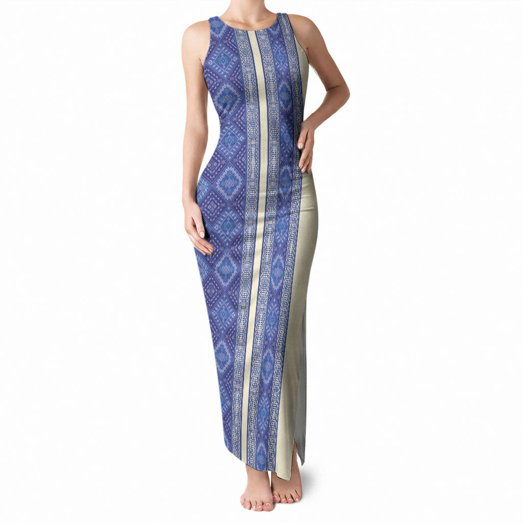 Mabuhay Philippines Festival Tank Maxi Dress Yakan Modern Filipiniana Inspired LT14 Women Blue - Polynesian Pride