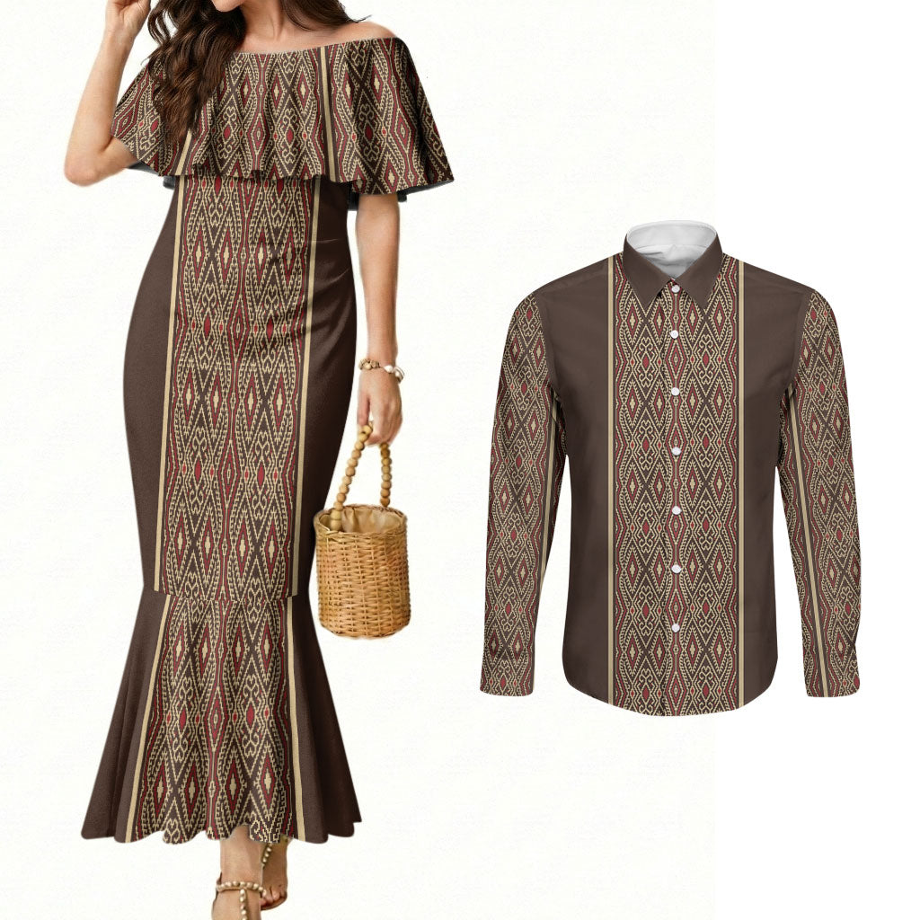 Mabuhay Philippines Festival Couples Matching Mermaid Dress and Long Sleeve Button Shirt Tnalak Modern Filipiniana Inspired LT14 Brown - Polynesian Pride