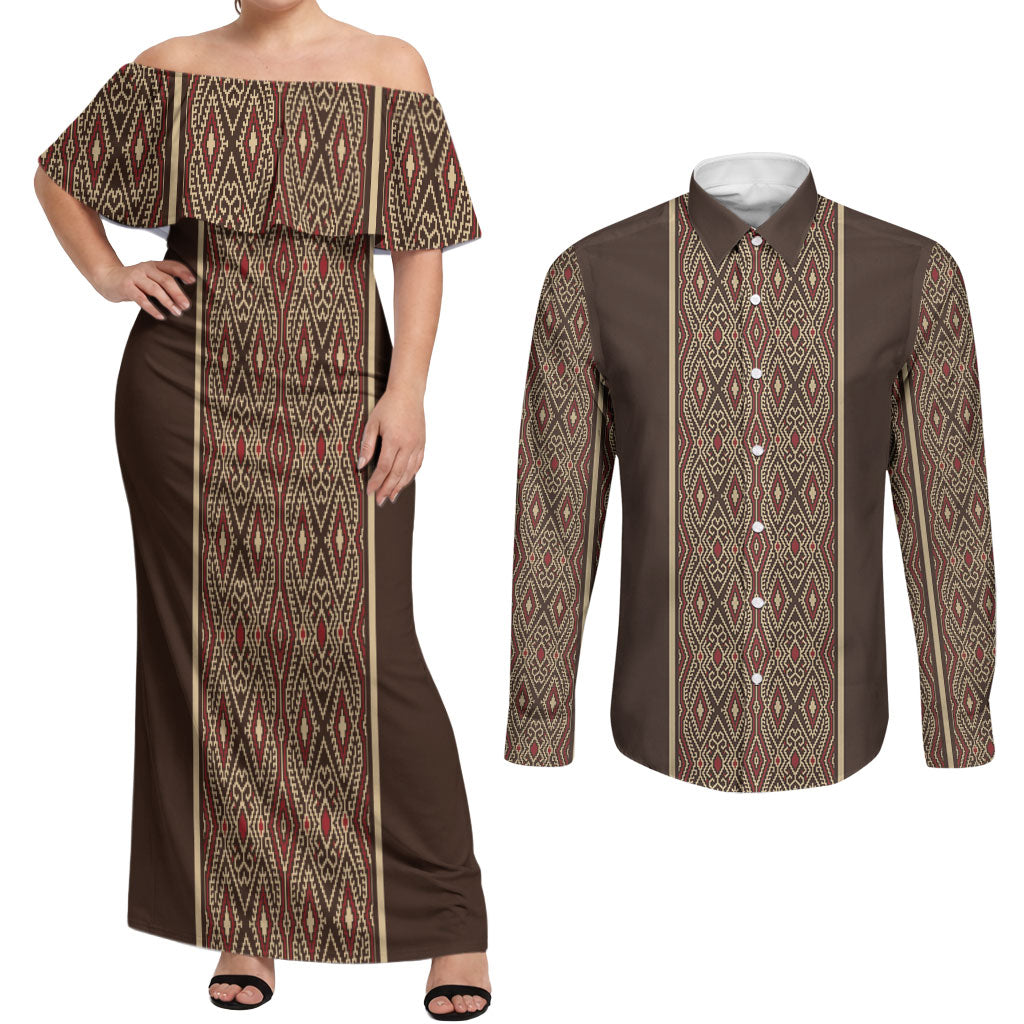 Mabuhay Philippines Festival Couples Matching Off Shoulder Maxi Dress and Long Sleeve Button Shirt Tnalak Modern Filipiniana Inspired