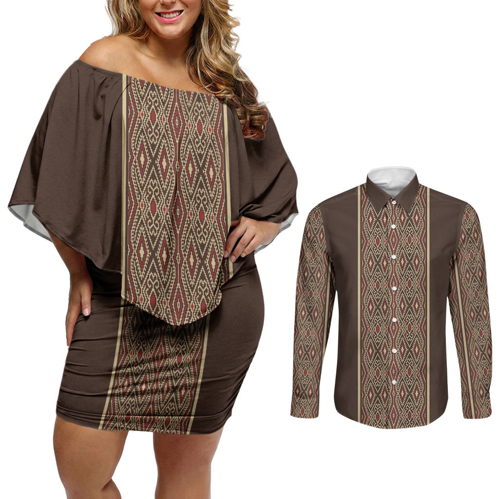 Mabuhay Philippines Festival Couples Matching Off Shoulder Short Dress and Long Sleeve Button Shirt Tnalak Modern Filipiniana Inspired LT14 Brown - Polynesian Pride