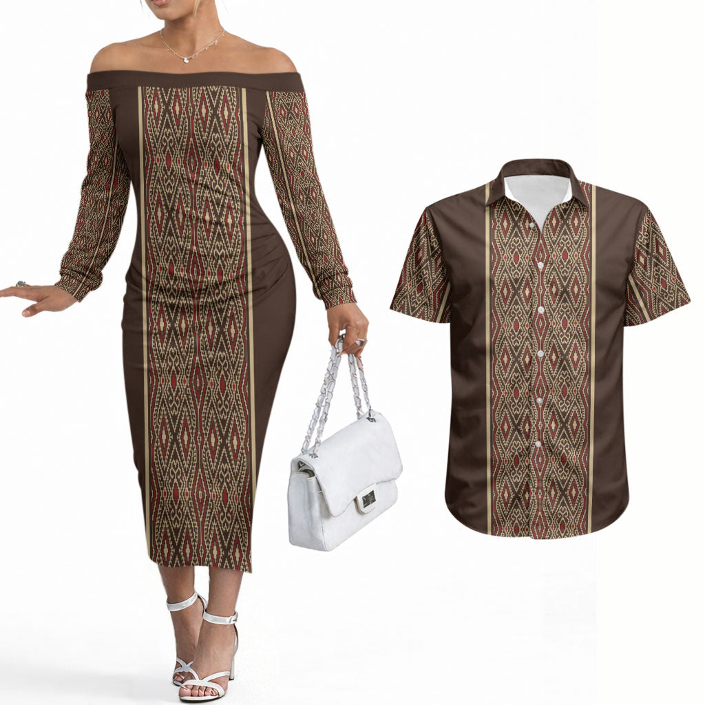 Mabuhay Philippines Festival Couples Matching Off The Shoulder Long Sleeve Dress and Hawaiian Shirt Tnalak Modern Filipiniana Inspired LT14 Brown - Polynesian Pride