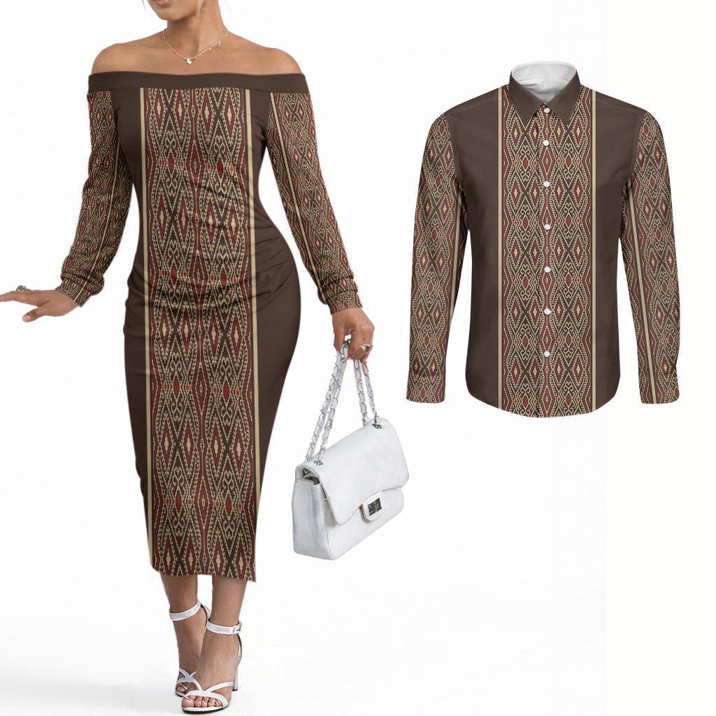 Mabuhay Philippines Festival Couples Matching Off The Shoulder Long Sleeve Dress and Long Sleeve Button Shirt Tnalak Modern Filipiniana Inspired