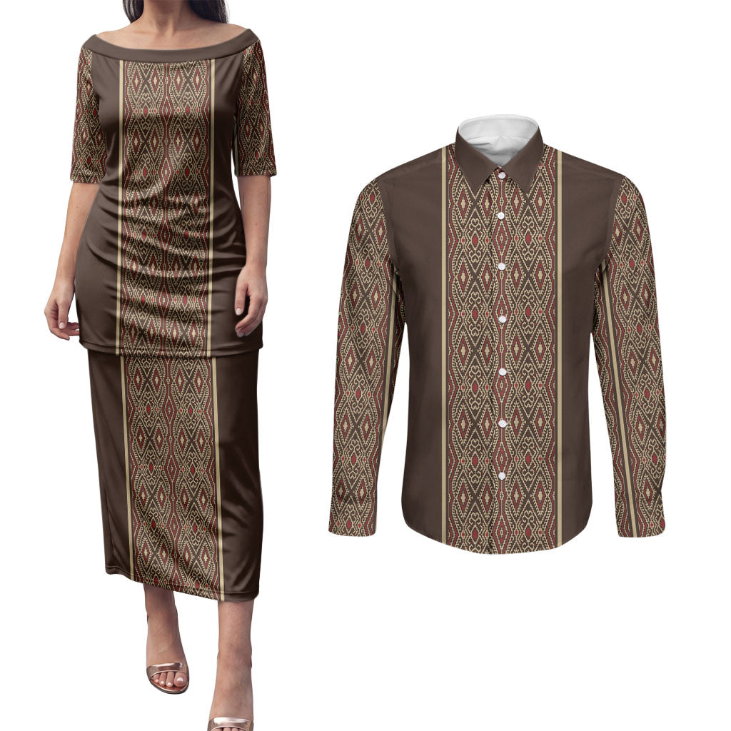 Mabuhay Philippines Festival Couples Matching Puletasi and Long Sleeve Button Shirt Tnalak Modern Filipiniana Inspired